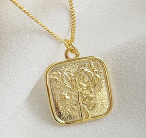 925 Silver Square Rose Pendant Necklace Gift for Girlfriend