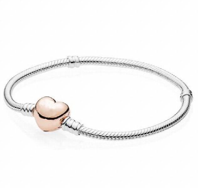 925 Silver Pan Bracelet Heart Clasp Snake Chain Bangle