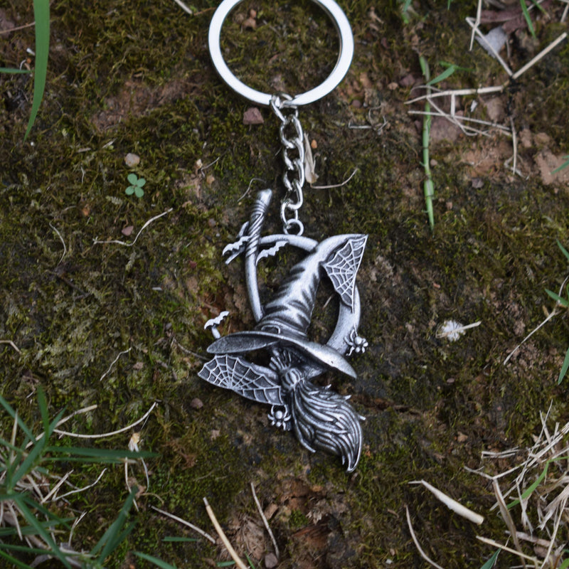 Wiccan Halloween Moon Spider Web Broom Keychain