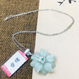 Burmese Ajadeite Sun Flower Pendant Necklace 925 Sterling Silver Lady Jade Chain