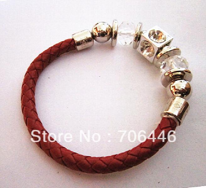 Red Leather Crystal Stretch Bracelet