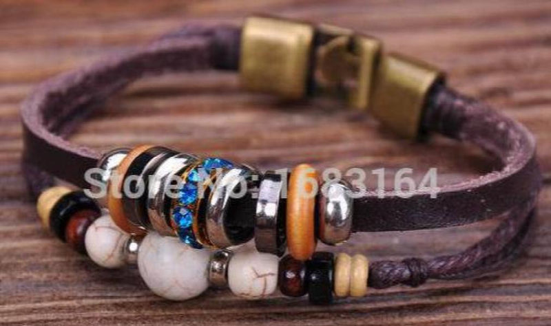 G73 Bronze Surfer Hemp Leather Wood Beads Bracelet Cuff