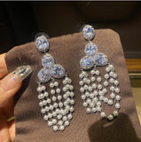 Women Large Round Diamond Pearl Tassel Earrings