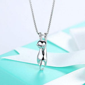925 Sterling Silver Cat Pendant Necklace Elegant Women Party Jewelry
