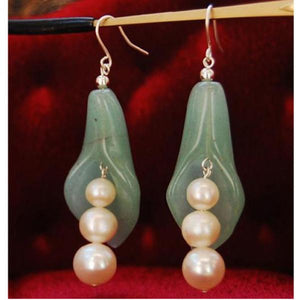 Freshwater Round Pearl Green Jade Pea Pot Princess Earring