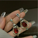 Vintage Curved Feather Ruby Earrings Bridal Water Drop Earrings