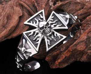 Stainless Steel Evil Skull Death's Head Cross Men Bangle Bracelet