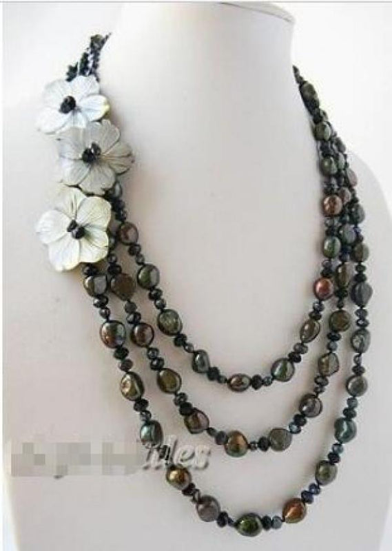 20'' 3-strand 10mm Baroque Freshwater Pearl Shell Flower Necklace
