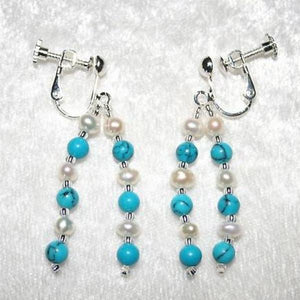 Pearl & Turquoise Clip On Drop Earring