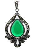 Faceted Green Jade Sterling Silver Water Drop Pendant with Marcasite Chain