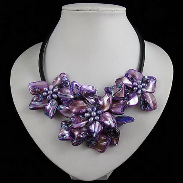 Purple Pearl Shell Flower Necklace Women Gift Fine Jewelry