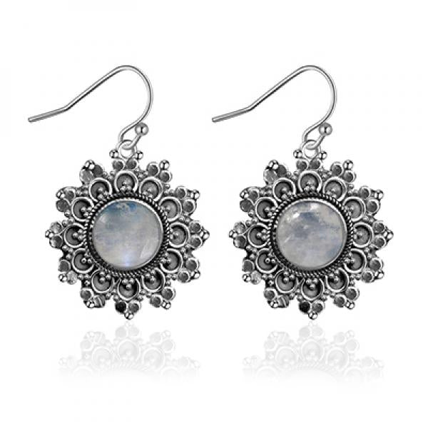 Moonstone Round 6MM 925 Silver Earrings Vintage Chrysanthemum - Engagement Party