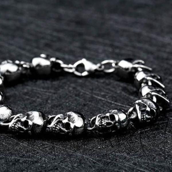 316L Stainless Steel Punk Skull Bead Men's Link Strand Hand Chain