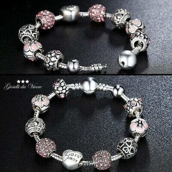 925 Silver Plated Bracelet with Pink Stones Heart Flower