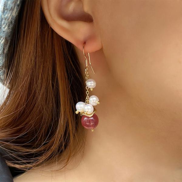 Strawberry Crystal Earrings Pink Beads High-end Jewelry