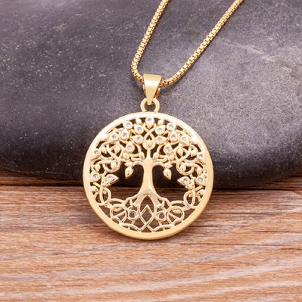 Nidin Tree of Life Necklace for Women Zircon Jewelry Plated Round Pendant