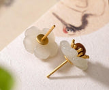S925 Sterling Silver Red Agate and Tian Jade Ear Studs Vintage Plum Blossom