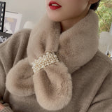 Autumn Winter Pearl Scarf Rex Rabit Plush Snood Neckpiece Birthday Gift