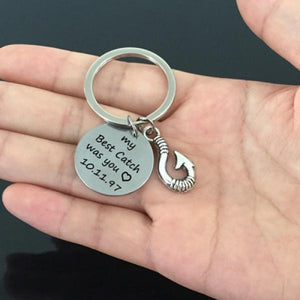Date Fish Hook Men Women Keychain Engraved Pendant Stainless