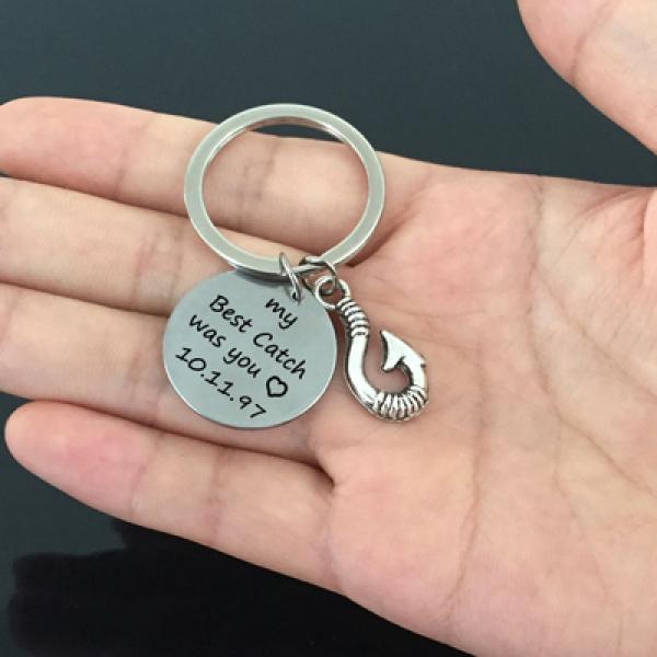 Date Fish Hook Men Women Keychain Engraved Pendant Stainless