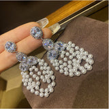 Women Large Round Diamond Pearl Tassel Earrings