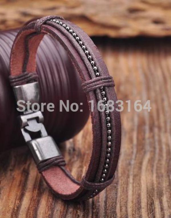 Brown Leather Hemp Braided Surfer Wristband Mens Bracelet