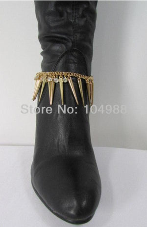 WOMEN Metal Boot Chain Strap Spikes Rhinestone Shoe Charm Jewelry