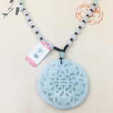 Burmese Emerald Jade Carving Flower Pendant with Tri-Color Bead Necklace