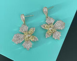 14K Real Leaf Flower Emerald Crystal Earrings