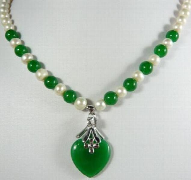 Mixed Pearl & Green Jade Bead Necklace with Heart Jade Pendant
