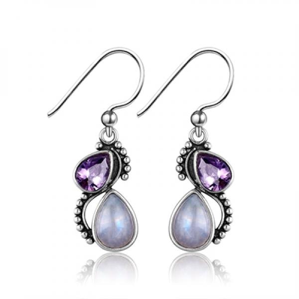 925 Silver Water Drop Earrings Moonstone/Purple Zircon Fine Jewelry