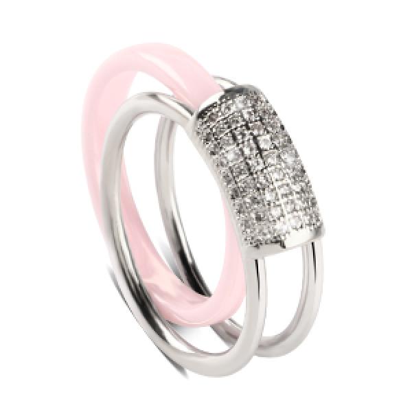 2pcs CZ Crystal Silver Pink Ceramic Rings Hollow Rhinestone Ring Jewelry