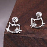 925 Silver Cat Stud Earrings Zircon Screw Lady Jewelry Gift