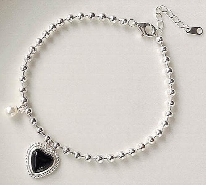 925 Silver Retro Heart Amber Beads Chain Bracelet Women Jewelry