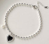 925 Silver Retro Heart Amber Beads Chain Bracelet Women Jewelry