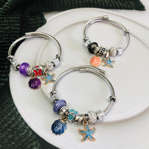 Sea Shell Starfish Ocean Model Charm Bracelet Women Girl Stainless Steel Bangle