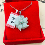 Burmese Ajadeite Sun Flower Pendant Necklace 925 Sterling Silver Lady Jade Chain