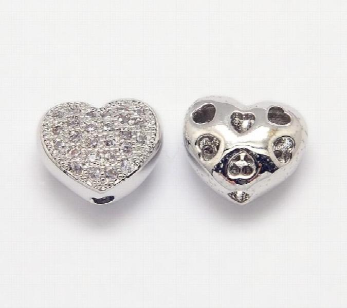 20pcs Hollow Brass CZ Heart Beads for Jewelry Making, 8x9x5mm, 1mm Hole