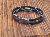 Black-blue Leather Hemp Surfer Wristband Bracelet Cuff Metal Clasp Mens