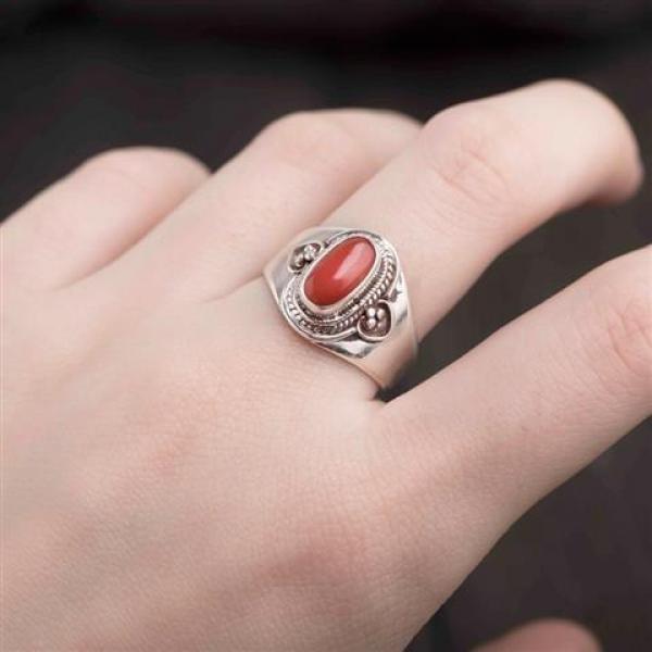 Nepal Silver Inlaid Red Tourmaline Adjustable Ring