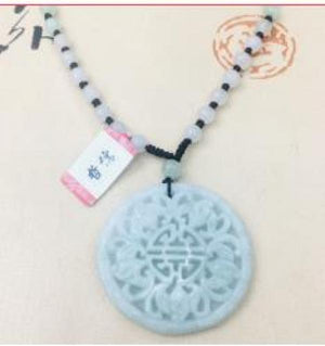Burmese Emerald Jade Carving Flower Pendant with Tri-Color Bead Necklace
