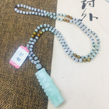 Burmese Emerald Jade Carving Pendant with Tri-Color Bead Necklace