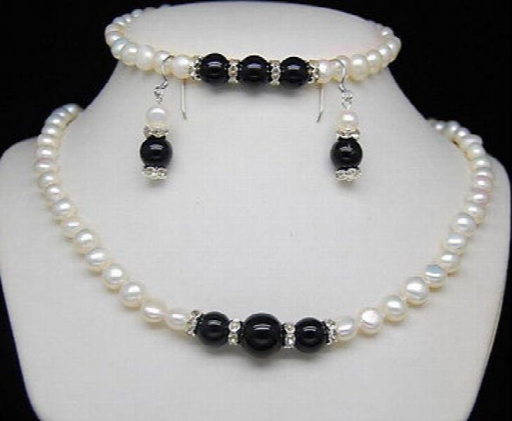 7-8mm Freshwater Pearl Agate Necklace Bracelet Earrings Set