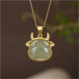 Natural Gray Jade Ox Pendant Hetian Jade Chinese Zodiac Cow Animal Necklace