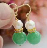 12mm Green Jade & 5-6mm Freshwater Pearl Earrings