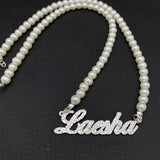 Custom Name Pearl Necklace with Diamond Pendant