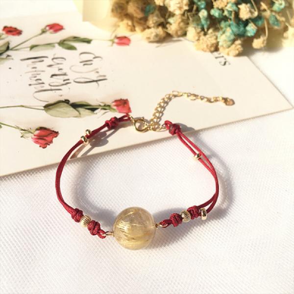 Rutilated Quartz Bead Bracelet Adjustable Woven Rope Jewelry