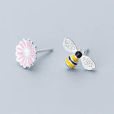 MloveAcc 925 Silver Enamel Bee Flower Stud Earrings