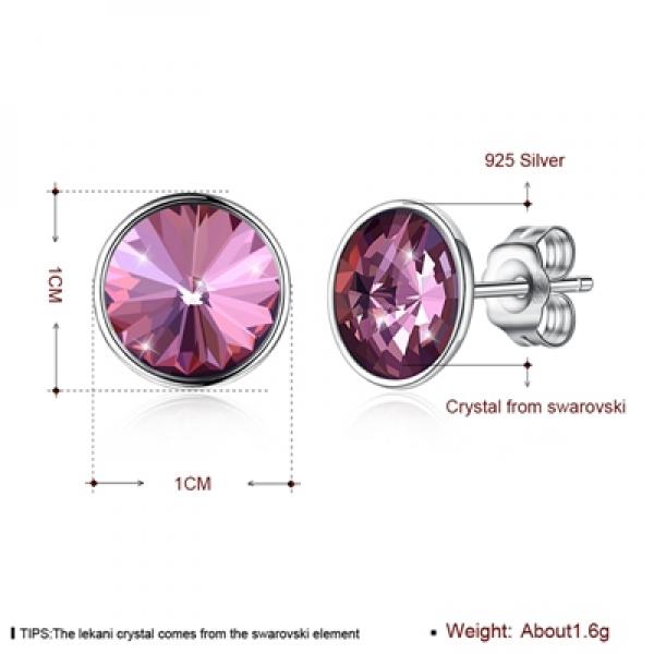 S925 Silver Round Stud Earrings Purple Crystal Sparkling Jewelry