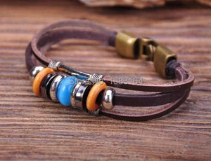 Bronze Surfer Leather Wood Stone Beads Wristband Bracelet